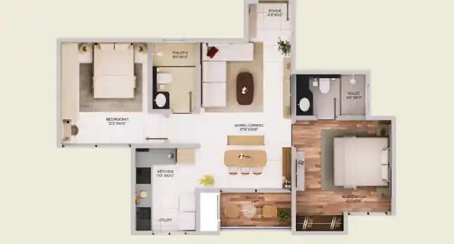 Purva Northern Lights Apartment 2 BHK Floor plan 1010 sq. ft. by Puravankara Limited located at KIADB Aerospace Park and Hardware Park, Bagalur Road, Bangalore Karnataka