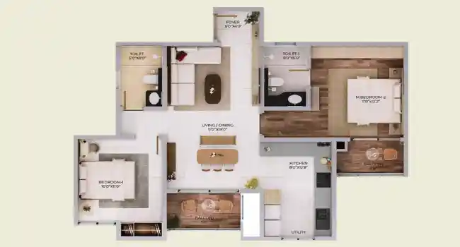 Purva Northern Lights Apartment 2 BHK Floor plan 1220 sq. ft. by Puravankara Limited located at KIADB Aerospace Park and Hardware Park, Bagalur Road, Bangalore Karnataka