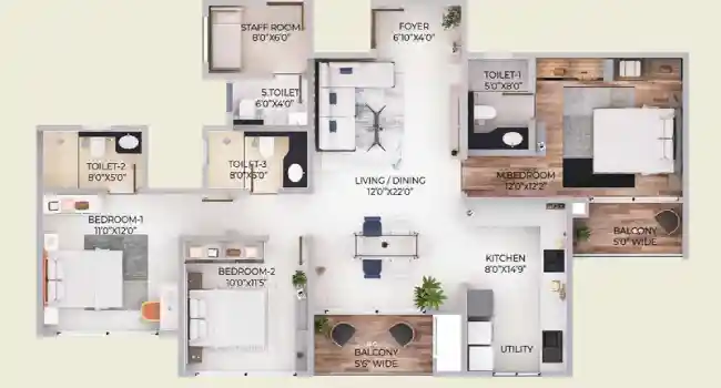 Purva Northern Lights Apartment 3 BHK Floor plan 1500 sq. ft. by Puravankara Limited located at KIADB Aerospace Park and Hardware Park, Bagalur Road, Bangalore Karnataka