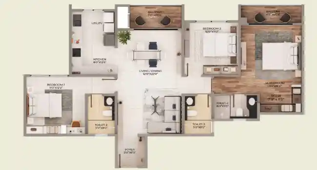 Purva Northern Lights Apartment 3 BHK Floor plan 1800 sq. ft. by Puravankara Limited located at KIADB Aerospace Park and Hardware Park, Bagalur Road, Bangalore Karnataka