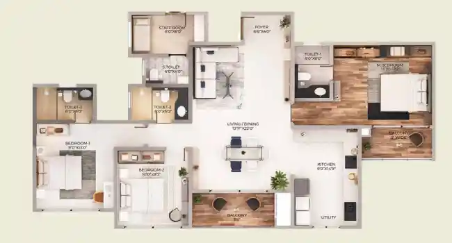 Purva Northern Lights Apartment 4 BHK Floor plan 2100 sq. ft. by Puravankara Limited located at KIADB Aerospace Park and Hardware Park, Bagalur Road, Bangalore Karnataka