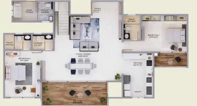 Purva Northern Lights Apartment 4 BHK Floor plan 2400 sq. ft. by Puravankara Limited located at KIADB Aerospace Park and Hardware Park, Bagalur Road, Bangalore Karnataka