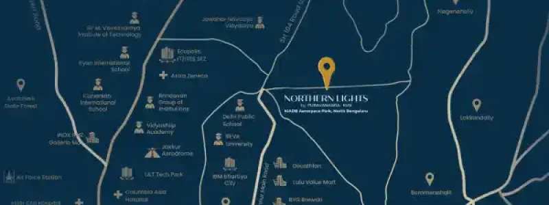 Purva Northern Lights Apartment Location map with birds eye view by Puravankara Limited located at KIADB Aerospace Park and Hardware Park, Bagalur Road, Bangalore Karnataka